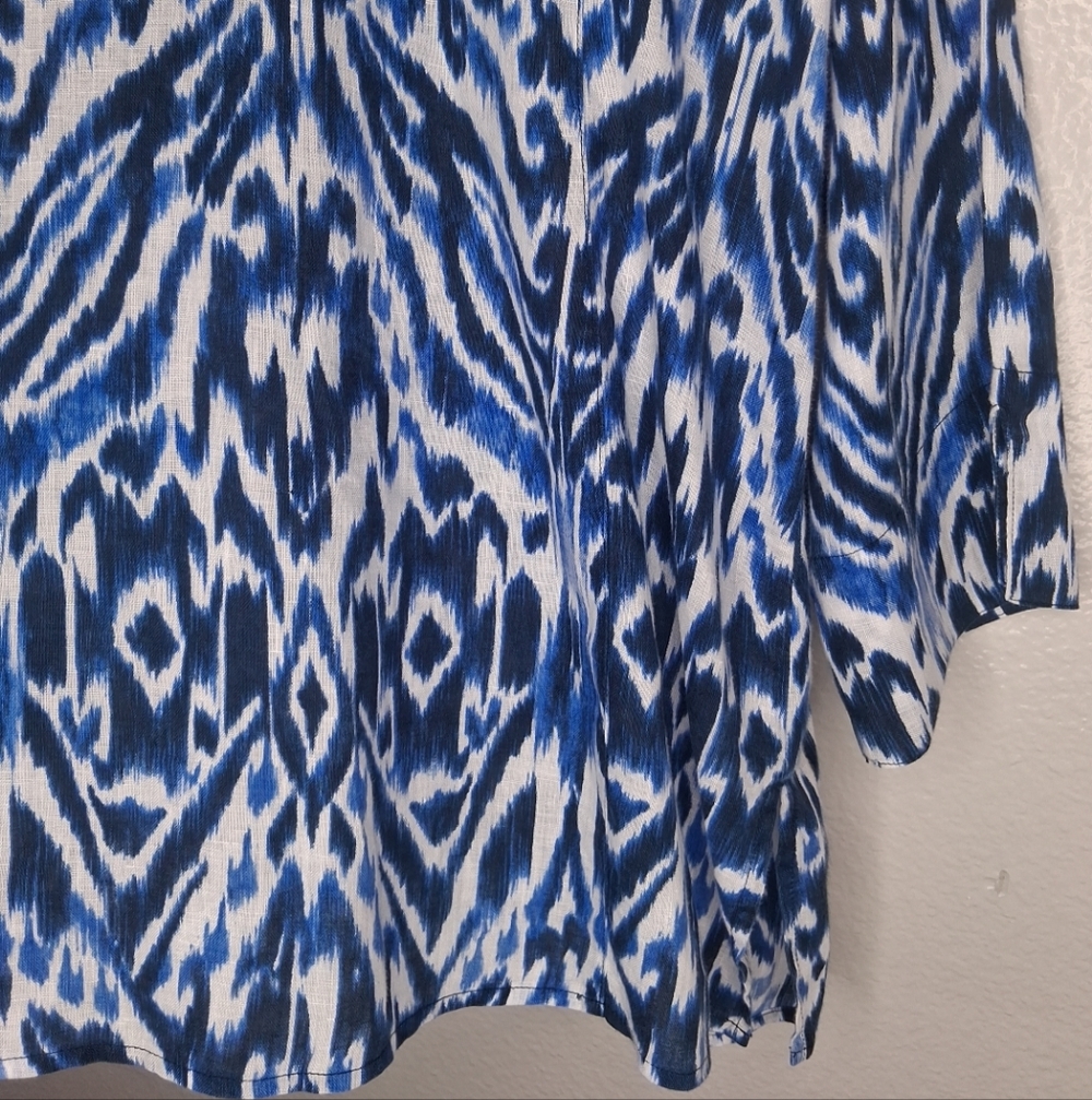 Chico's Linen Womens Tunic Button Shirt 3/4 Sleeve Blue White Abstract Size  XL - Picture 8 of 14